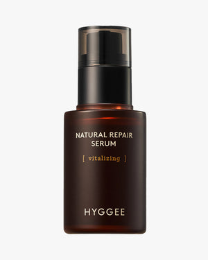 Studio shot of Hyggee Natural Repair Serum [vitalizing] 30ml. Ginseng energy serum for vitality and deep root hydration.