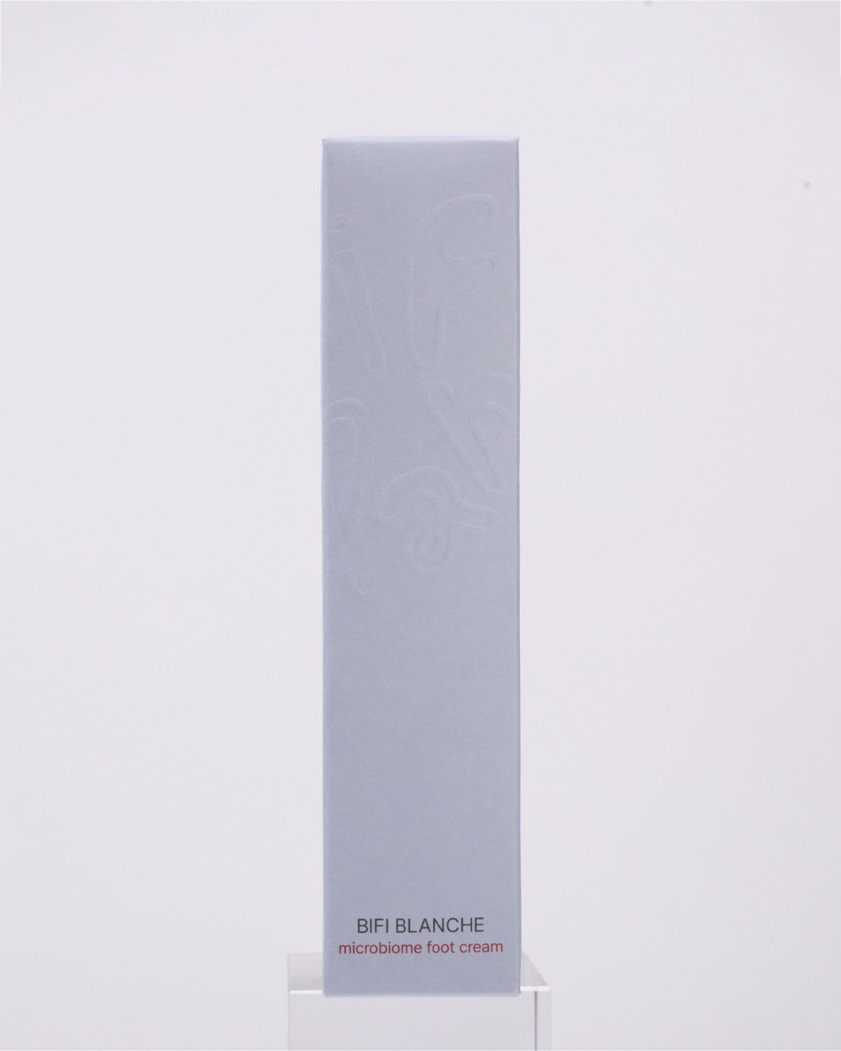 A blue-gray product box for Bifi Blanche Foot Cream with a clear front face standing upright.