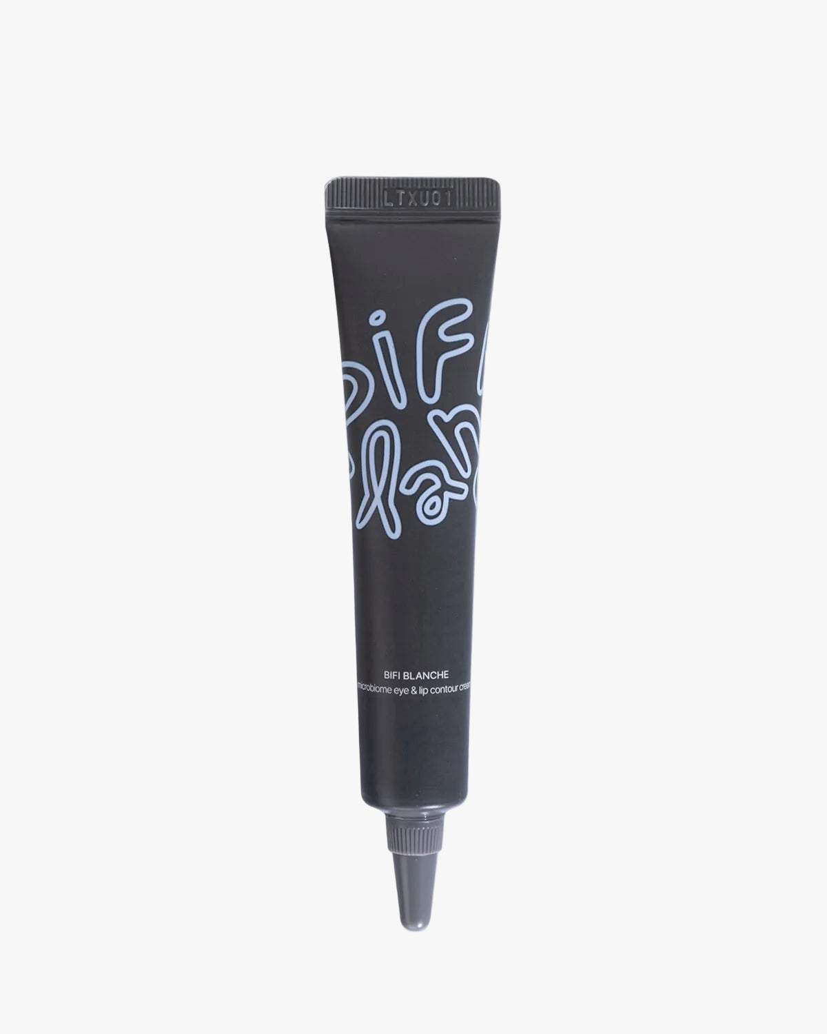 Dark gray squeeze tube of Bifi Blanche Microbiome Eye and Lip Cream isolated on a white background.