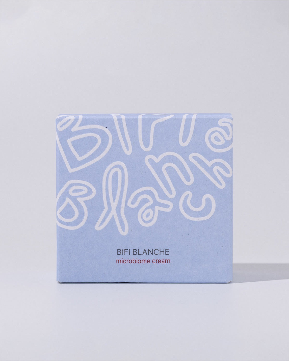 Minimalist light blue square product box for Bifi Blanche Microbiome Moisture Cream.