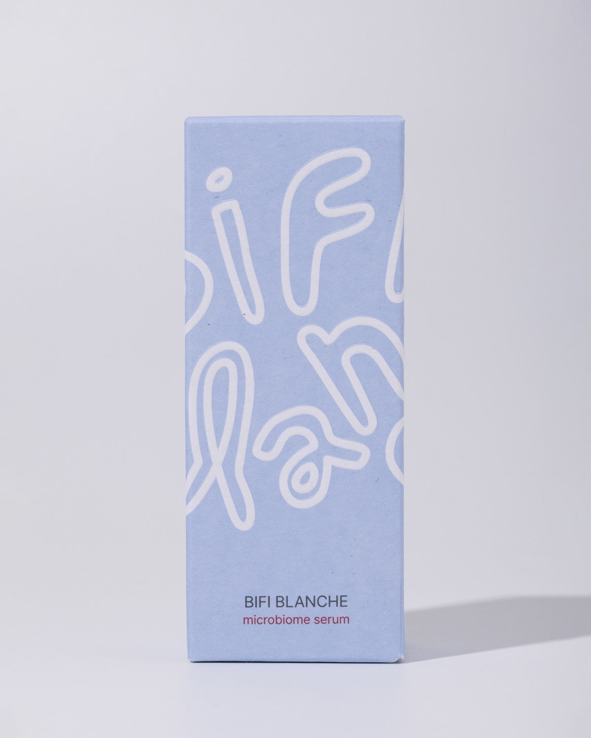 Minimalist light blue product box for Bifi Blanche Microbiome Serum standing vertically.