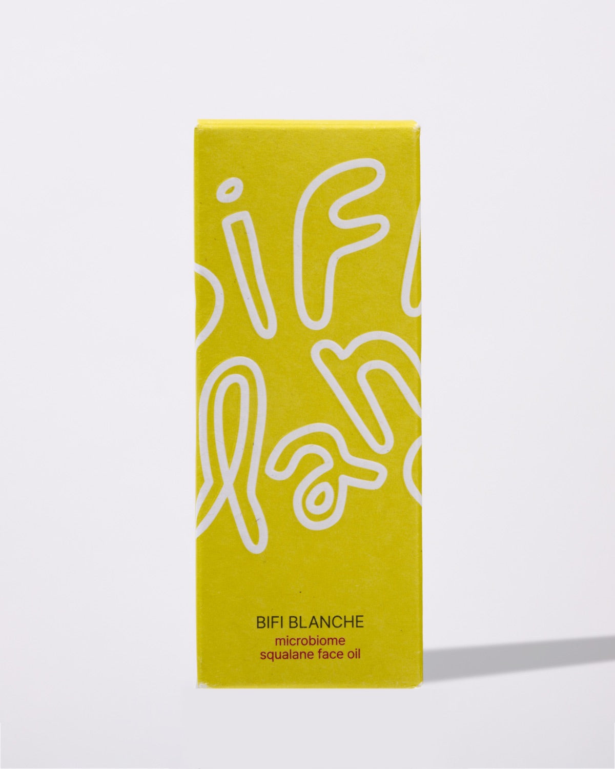 Minimalist front view of the bright yellow product box for Bifi Blanche Microbiome Squalane Face Oil.
