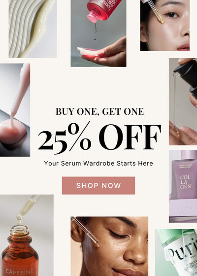 Promotional collage of skincare products with text overlay for a sale offer.