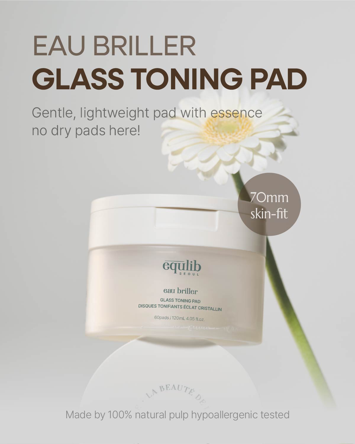 Equilib Eau Briller Glass Toning Pad 70mm skin-fit pads. 100% natural pulp hypoallergenic toner pads for glowing skin.