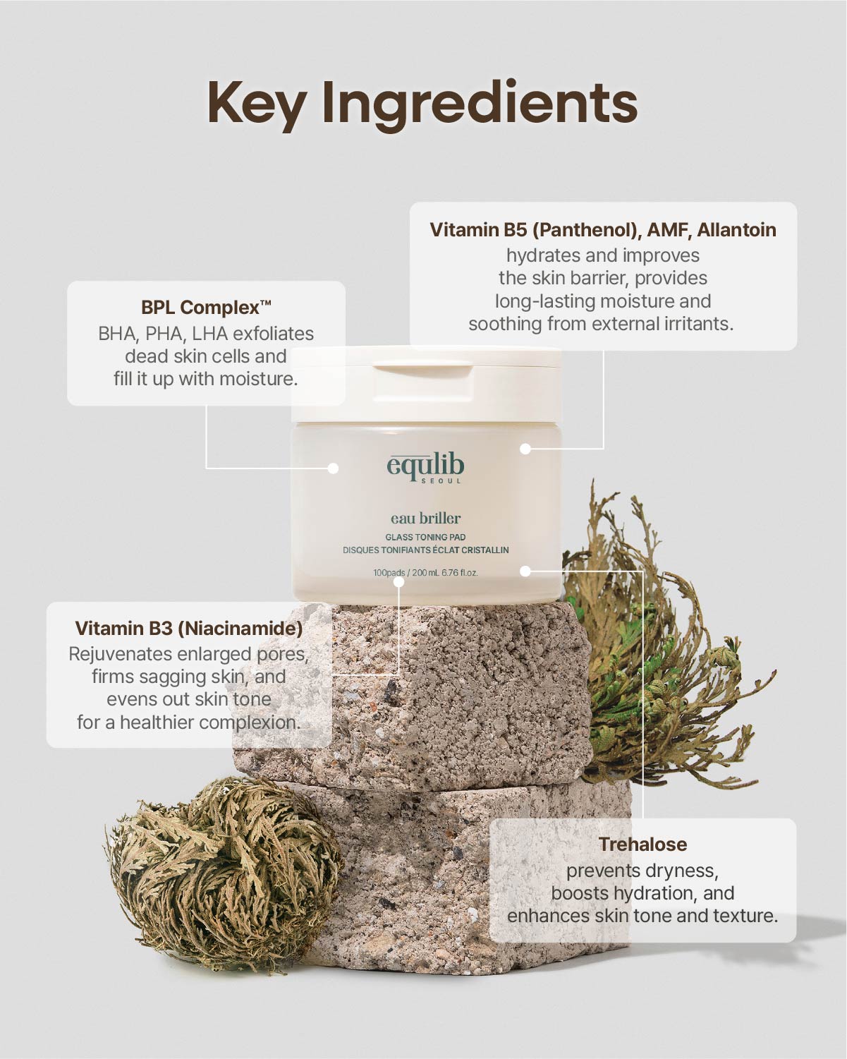 Key ingredients: BPL Complex (BHA, PHA, LHA), Vitamin B5, Vitamin B3 (Niacinamide), and Trehalose for glass skin.