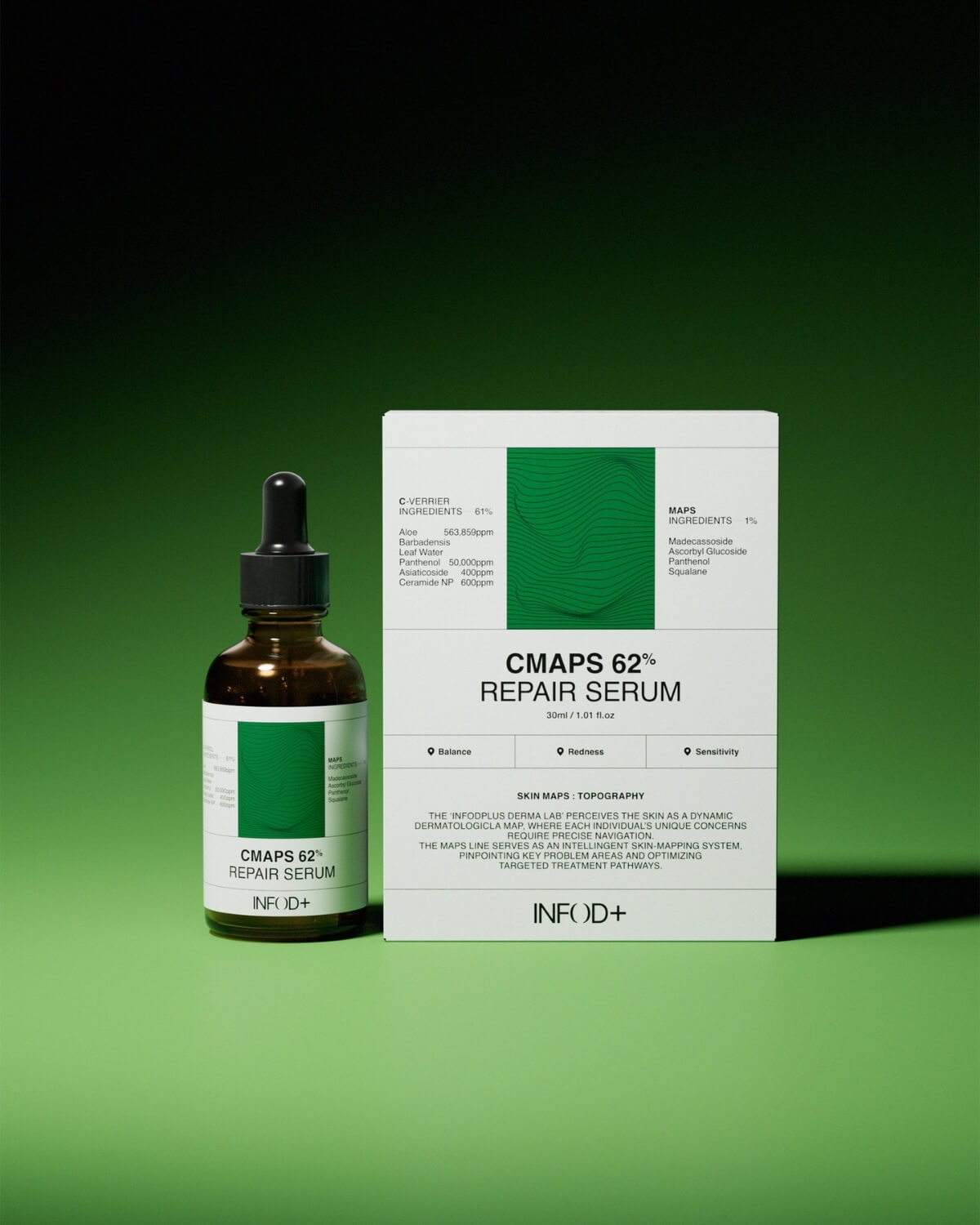 An amber glass dropper bottle stands next to its white rectangular box packaging. The bottle has a white label with a green wavy pattern and text. The box also features the green wavy pattern and text, including "CMAPS 62% REPAIR SERUM INFOD+". The background is a solid green.
