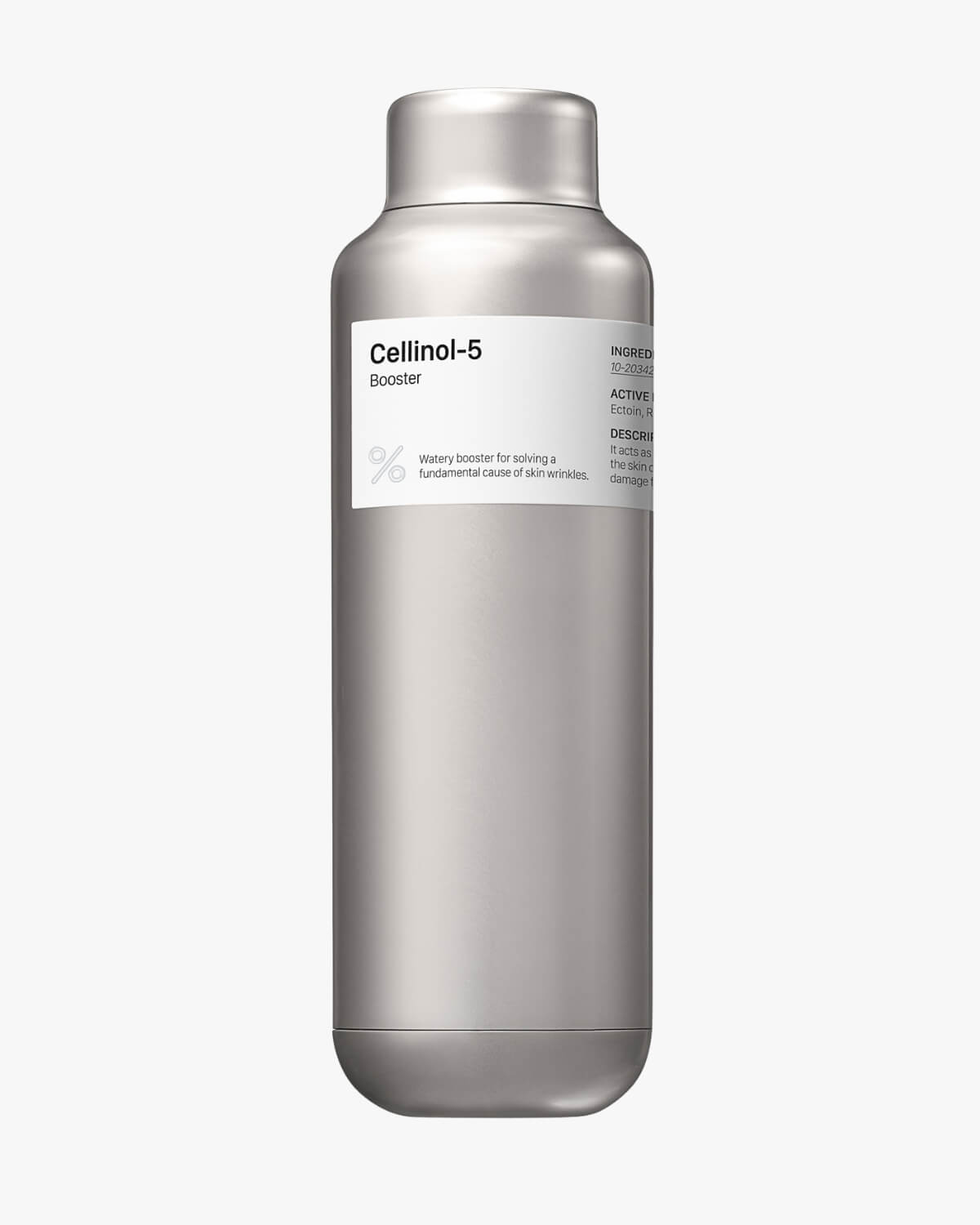 Studio shot of the Percent Science Cellinol-5 Booster Essence in its tall, sleek, silver metallic pump bottle. The label identifies it as a 'Watery booster' for solving skin wrinkles.