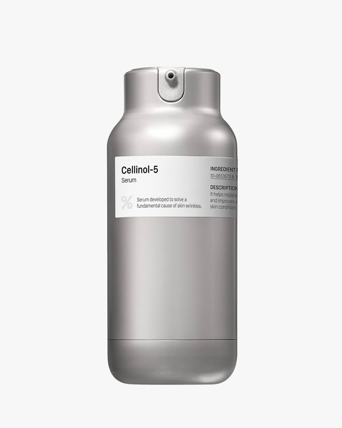 Studio shot of the Percent Science Cellinol-5 Serum in its silver metallic pump bottle. The label identifies it as a serum developed to solve the fundamental cause of skin wrinkles.