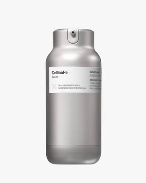 Studio shot of the Percent Science Cellinol-5 Serum in its silver metallic pump bottle. The label identifies it as a serum developed to solve the fundamental cause of skin wrinkles.