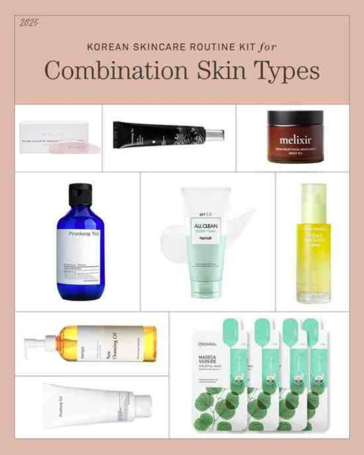 K-Beauty Routine Kit for Combination Skin Types. Collage featuring Pyunkang Yul Low pH Cleansing Oil, Heimish Foam, and Melixir lip balm.