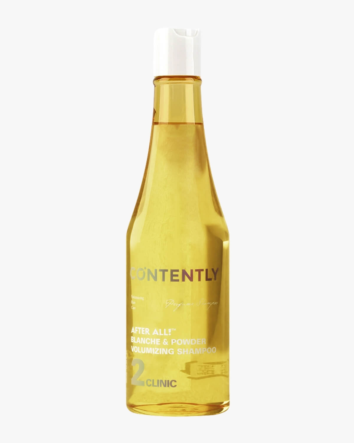 Contently After All Blanche and Powder Volumizing Shampoo clear yellow bottle isolated on a crisp white background.