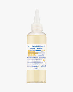 A clear, full-front studio shot of the CORE ACV 1% Apple Honey 2% Gentle Cleanser bottle, clearly showing the product name, core ingredients, and benefits on the label.