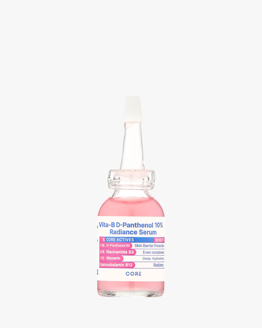 A clear, small bottle of Vita-B D-Panthenol 10% Radiance Serum against a bright white background. The serum is a vibrant pink color, and the label details core actives including 10% D-Panthenol B5, 2.0% Niacinamide B3, 1.0% Glycerin, and Cyanocobalamin B12.