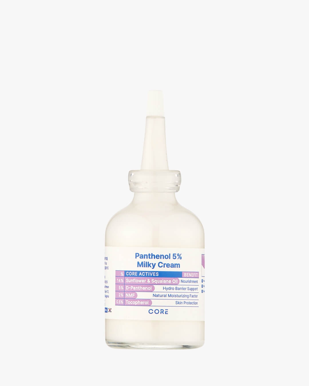A clear, small bottle of Panthenol 5% Milky Cream against a plain white background. The bottle is filled with a white, creamy liquid, and the label details core actives including 1.6% Sunflower & Squalane Oil, 5% D-Panthenol, 2% NMF, and 0.5% Tocopherol.