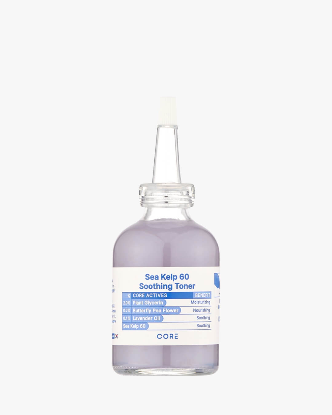 A clear, full-front studio shot of the Core Sea Kelp 60 Soothing Toner bottle, showcasing its pale lavender liquid and the label detailing the core ingredients and their benefits (Moisturizing, Nourishing, Soothing).