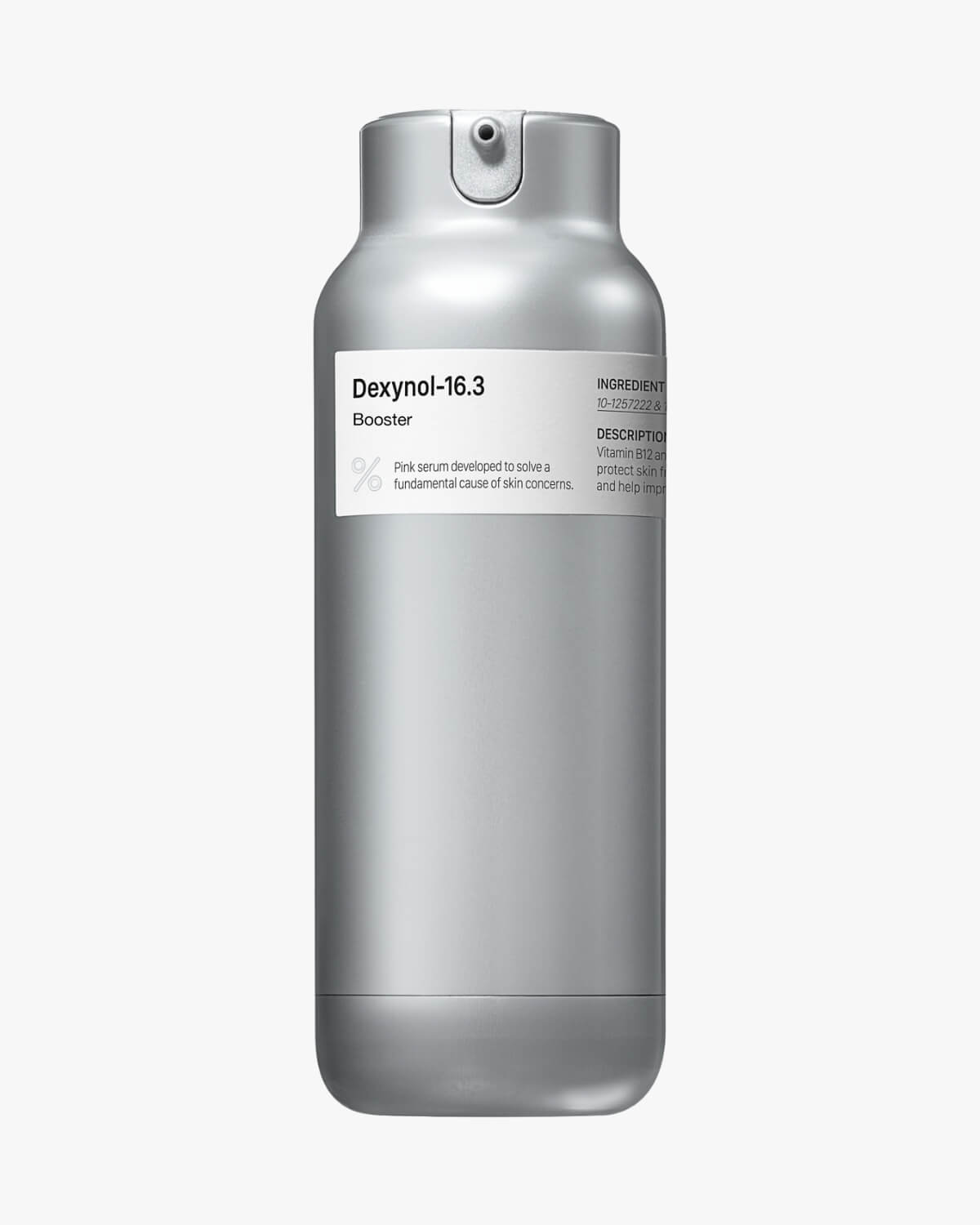 A full studio shot of the Percent Science Dexynol-16.3 Booster Essence product bottle. It is a silver container with a white label detailing the product name, "Dexynol-16.3 Booster," and the description of the pink serum.