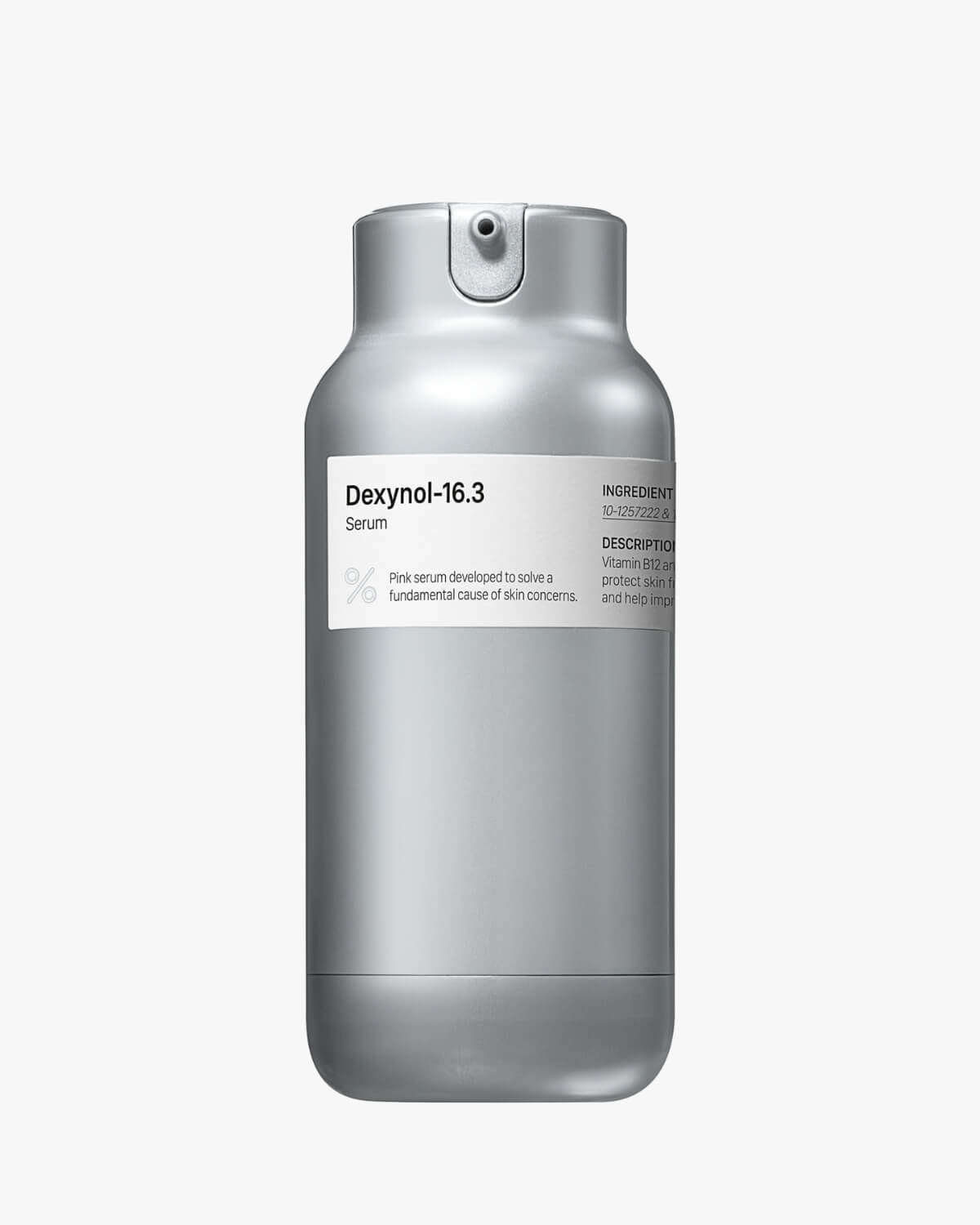 Studio shot of the Percent Science Dexynol-16.3 Serum in its sleek, silver, metallic pump bottle. The label identifies it as a pink serum developed to solve skin concerns.