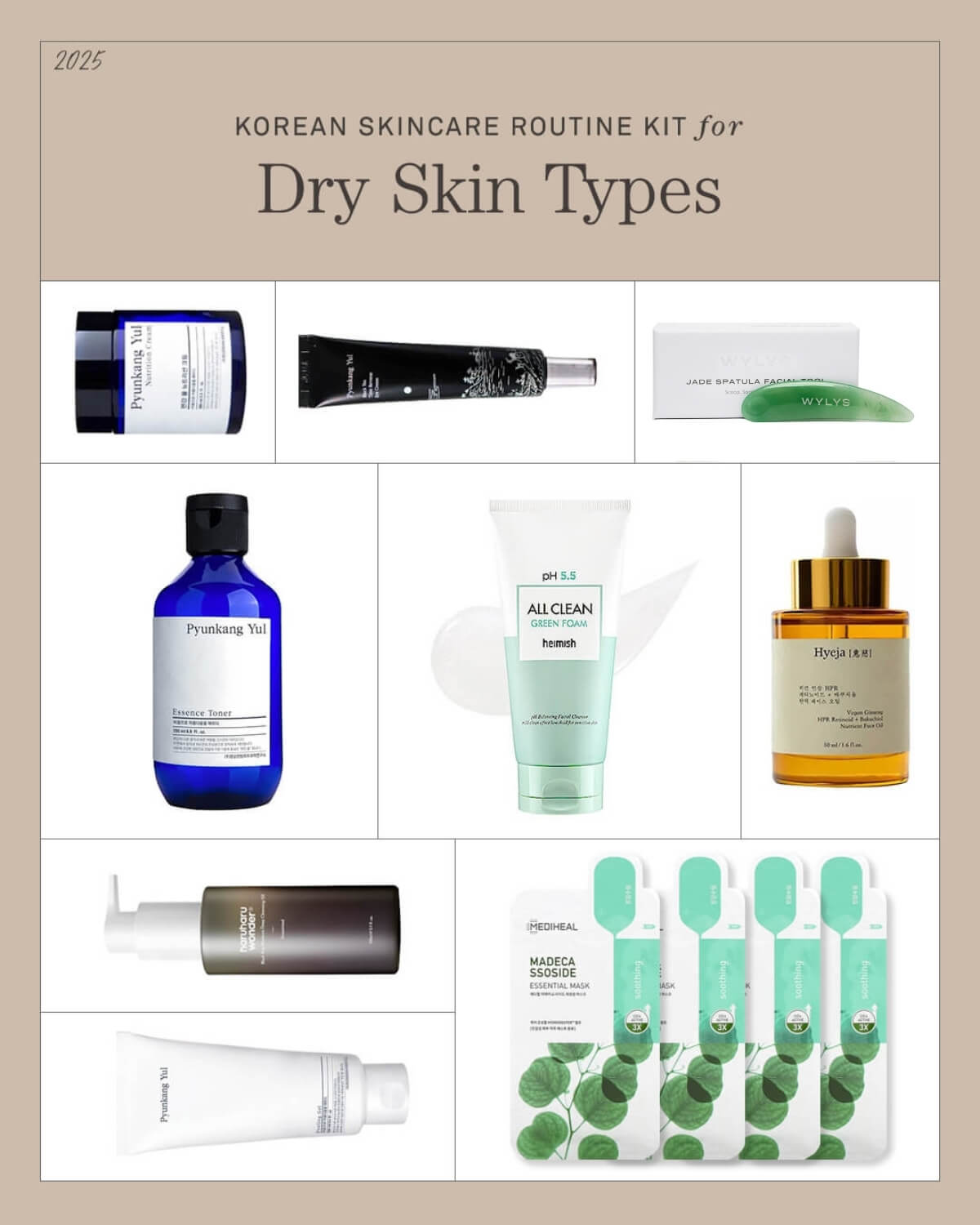 K-Beauty Routine Kit for Dry Skin Types. Collage featuring Pyunkang Yul Essence Toner, Heimish Green Foam, and Medheal Madecassoside Mask.