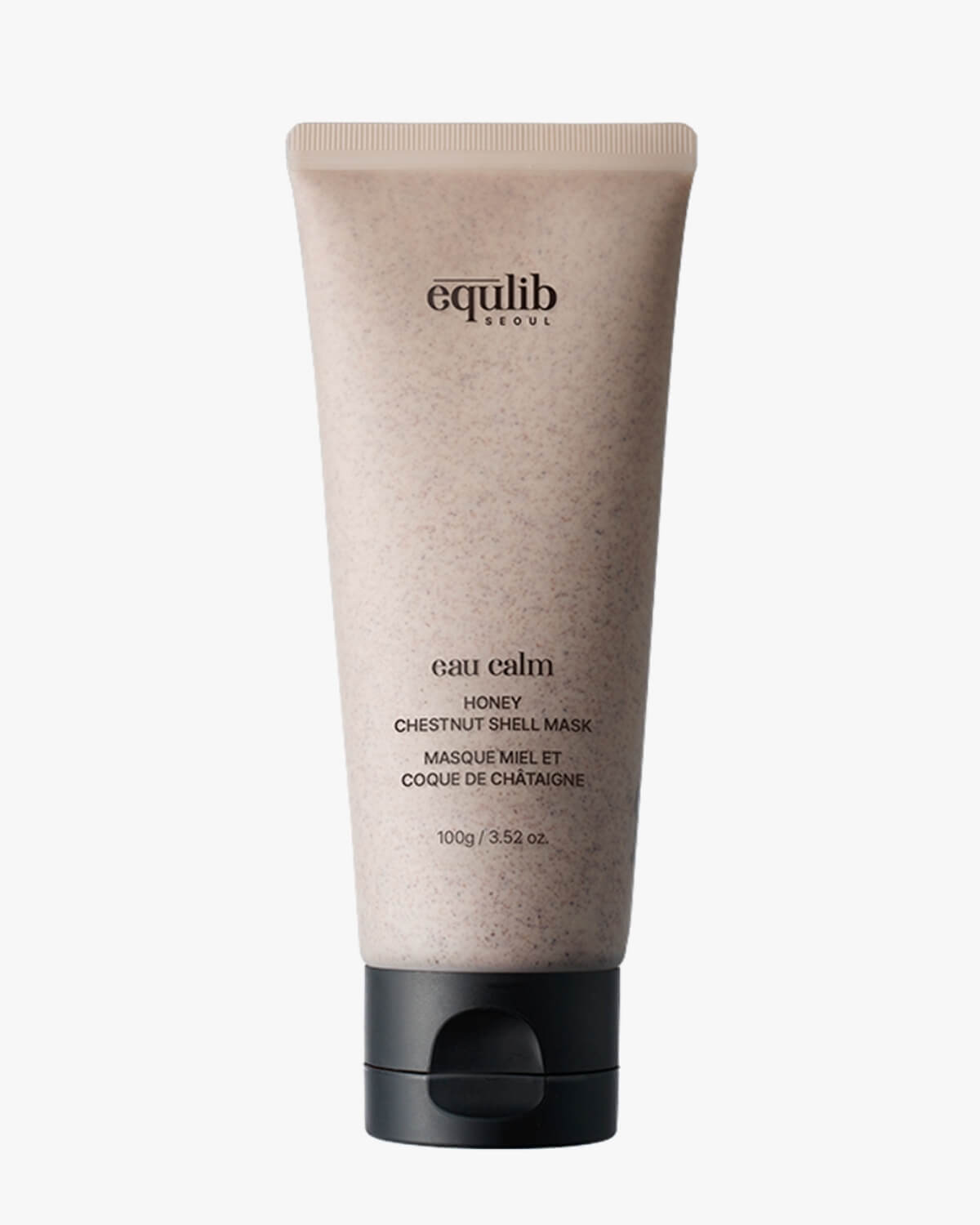 A front view of the Equlib Eau Calm Honey Chestnut Shell Mask 100g squeeze tube over a plain white background.