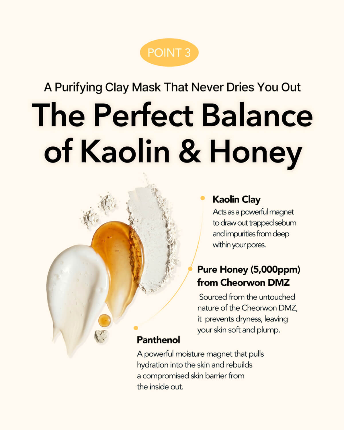 Product graphic highlighting the ingredients of the purifying clay mask: kaolin clay, pure honey, and panthenol.