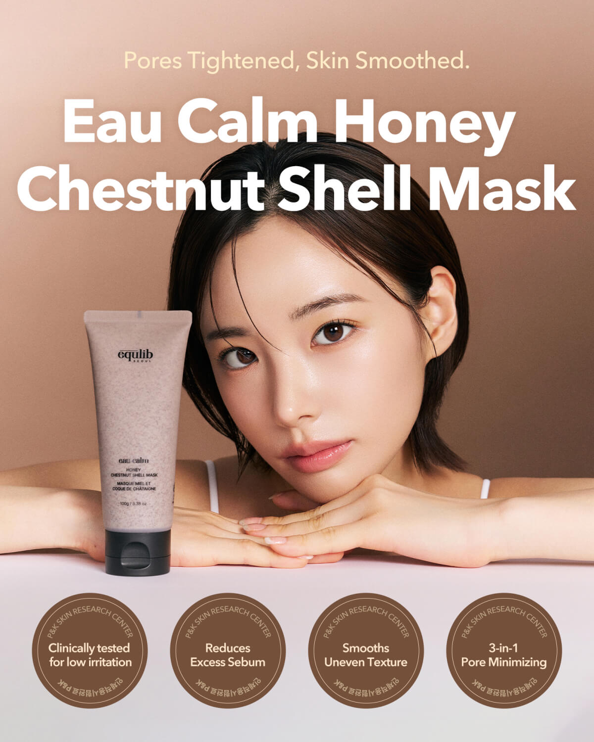 A woman posing next to a tube of Equlib Eau Calm Honey Chestnut Shell Mask with product benefits listed below.