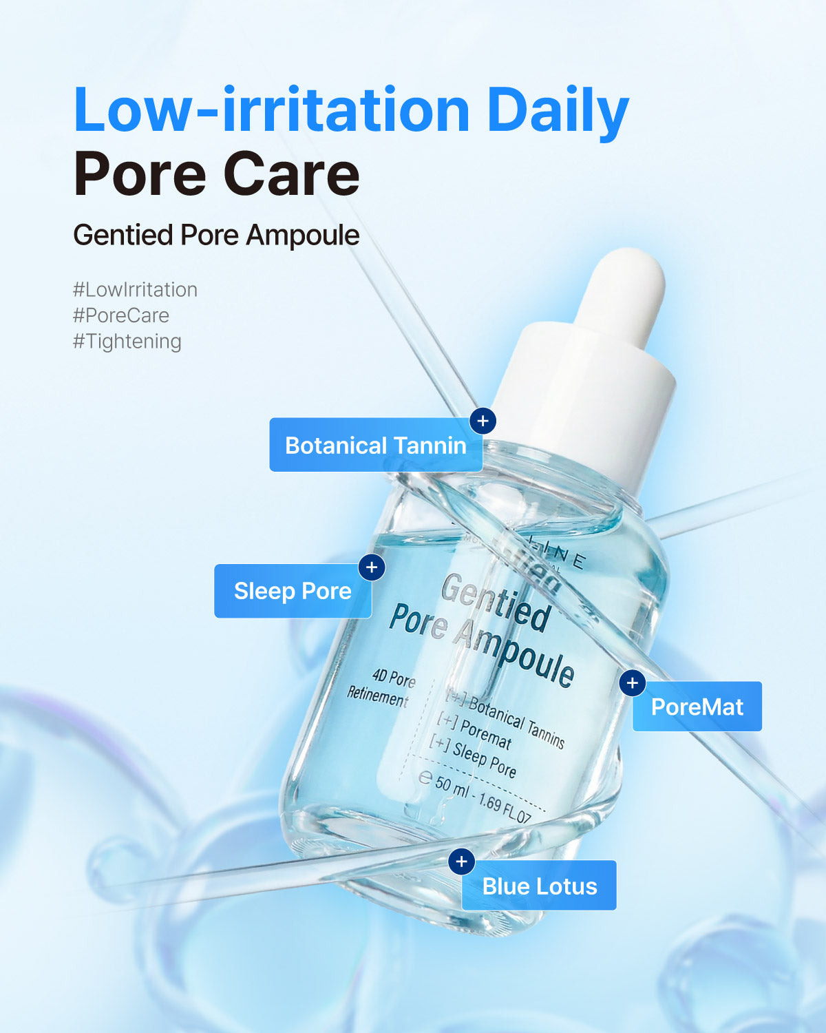 Ecolline Gentied Pore Ampoule serum bottle with key ingredients: Botanical Tannin, Sleep Pore, PoreMat, and Blue Lotus.
