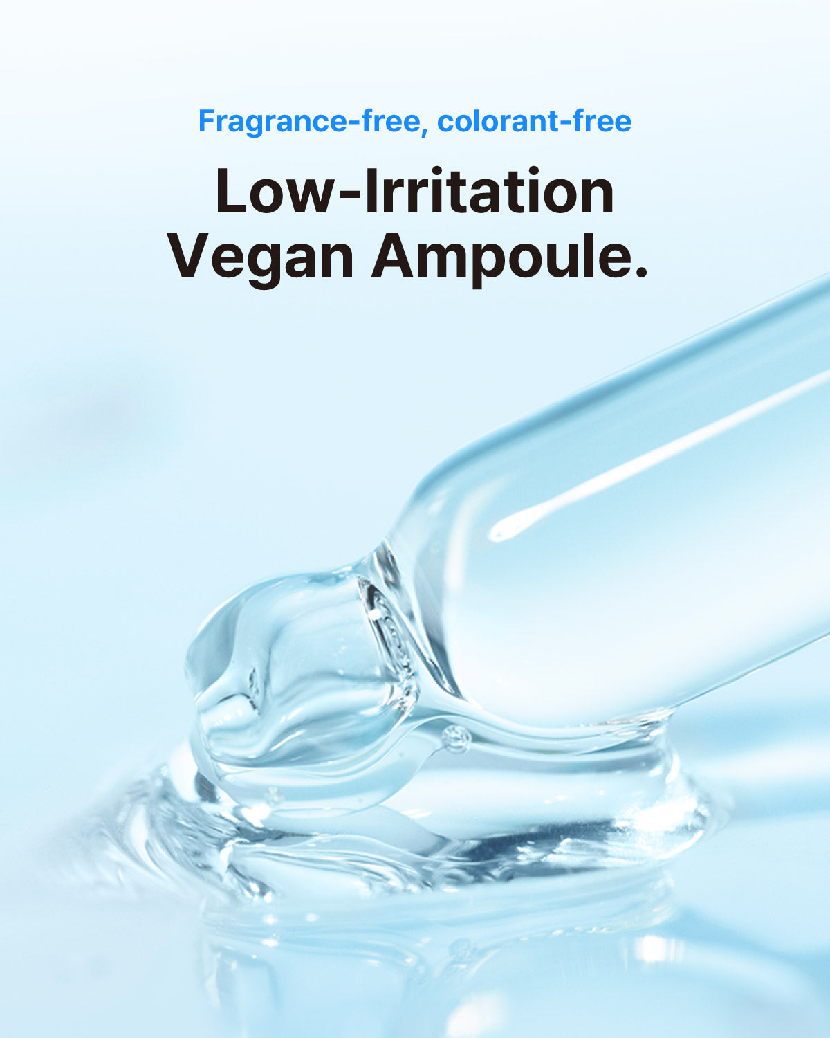 Close-up of a clear skincare pipette dispensing the fragrance-free, low-irritation Ecolline vegan ampoule.