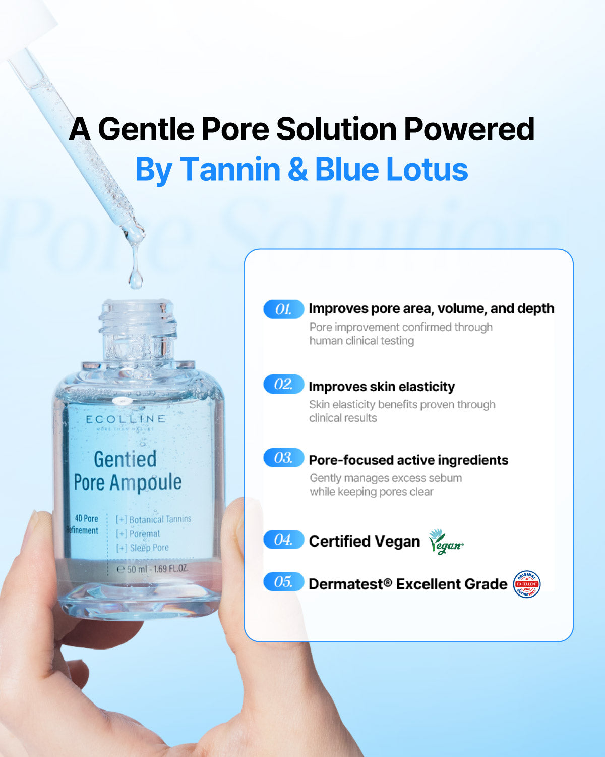 Hand holding a bottle of Ecolline Gentied Pore Ampoule highlighting 5 key benefits including vegan and Dermatest certified.
