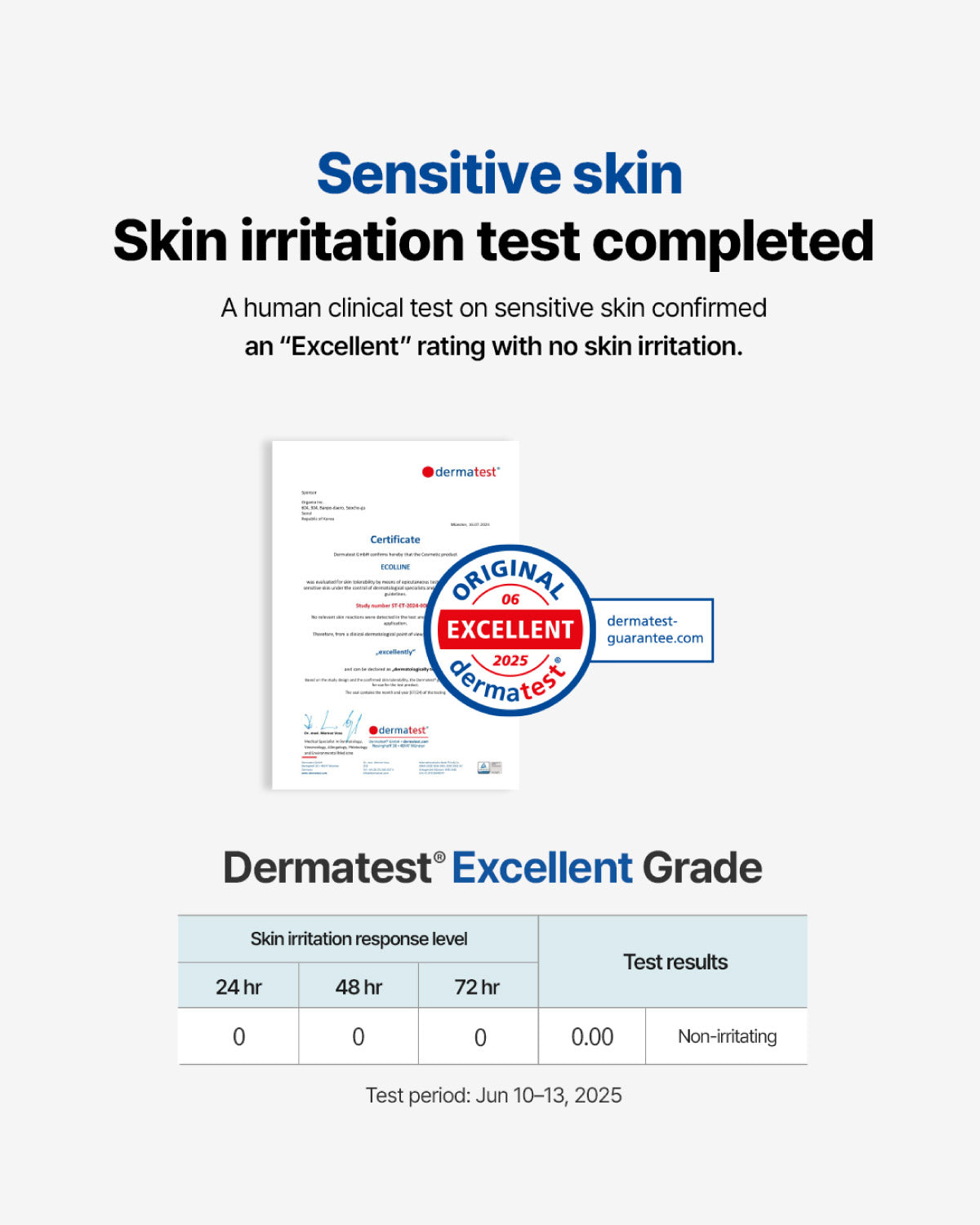 Dermatest Excellent Grade certificate showing zero skin irritation response level for the Ecolline sensitive skin ampoule.