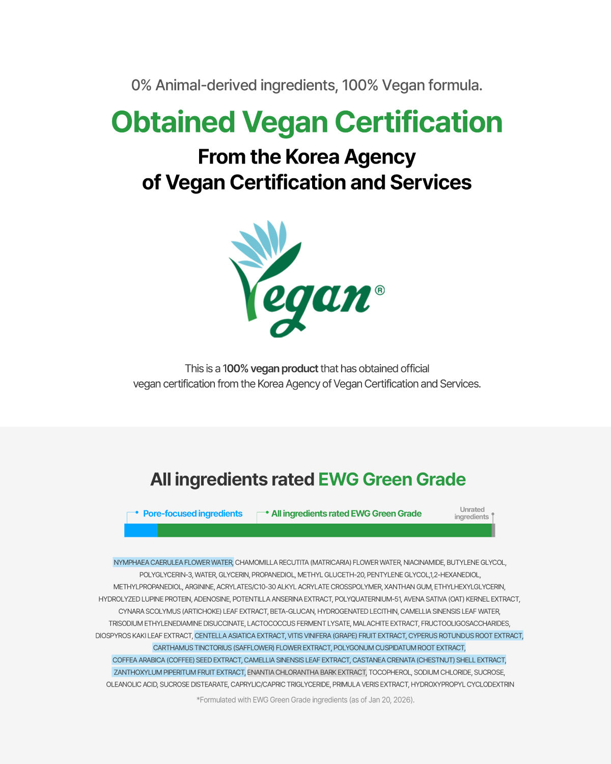 Official Korea Agency of Vegan Certification seal and a complete EWG Green Grade ingredient list for Ecolline ampoule.