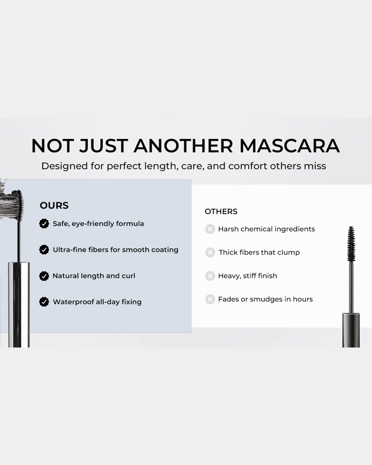 Comparison chart detailing Quietone safe, fiber-lengthening, waterproof mascara features versus traditional formulas.