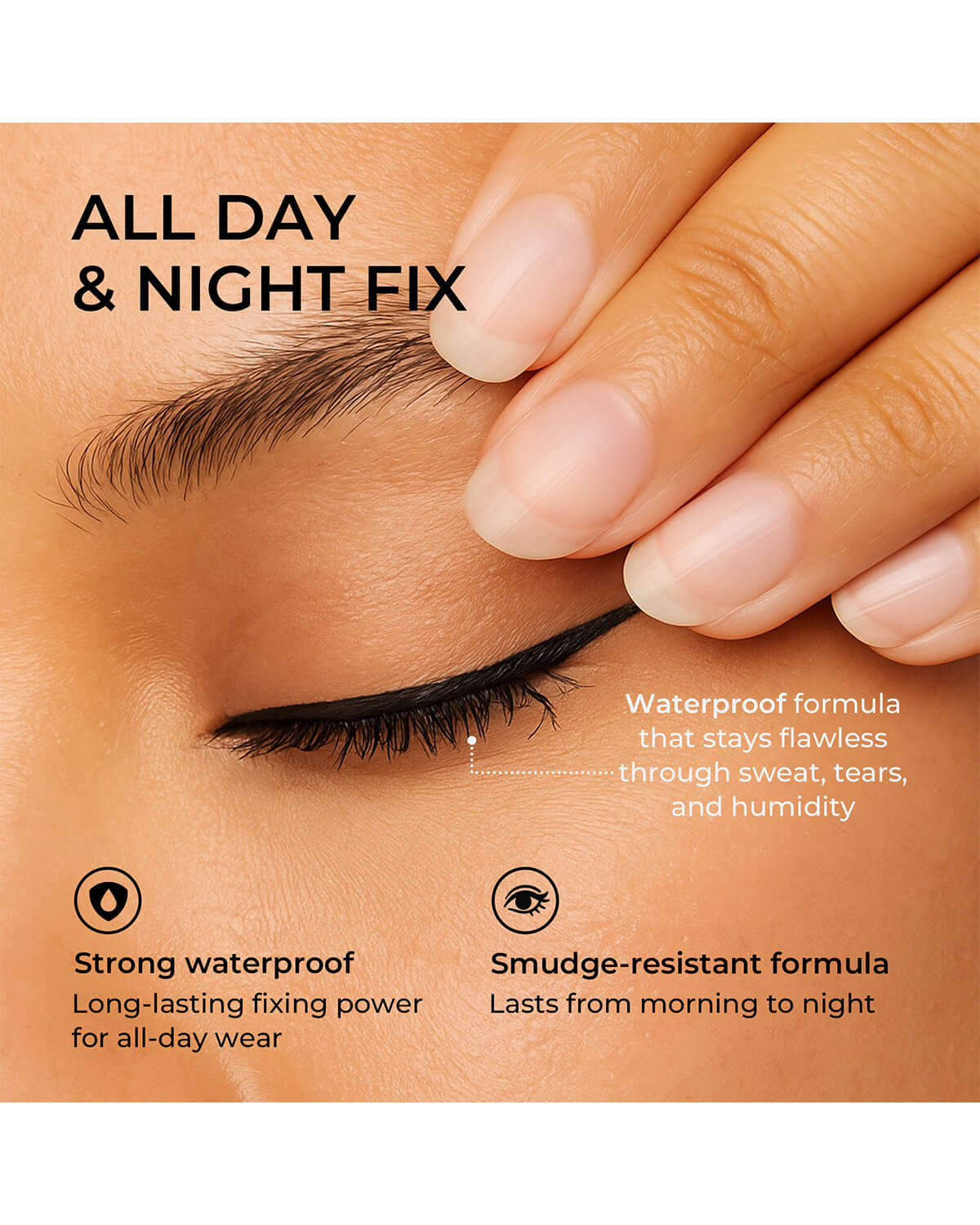 Close-up of eye showing waterproof and smudge-resistant mascara finish designed for long-lasting all-day wear.