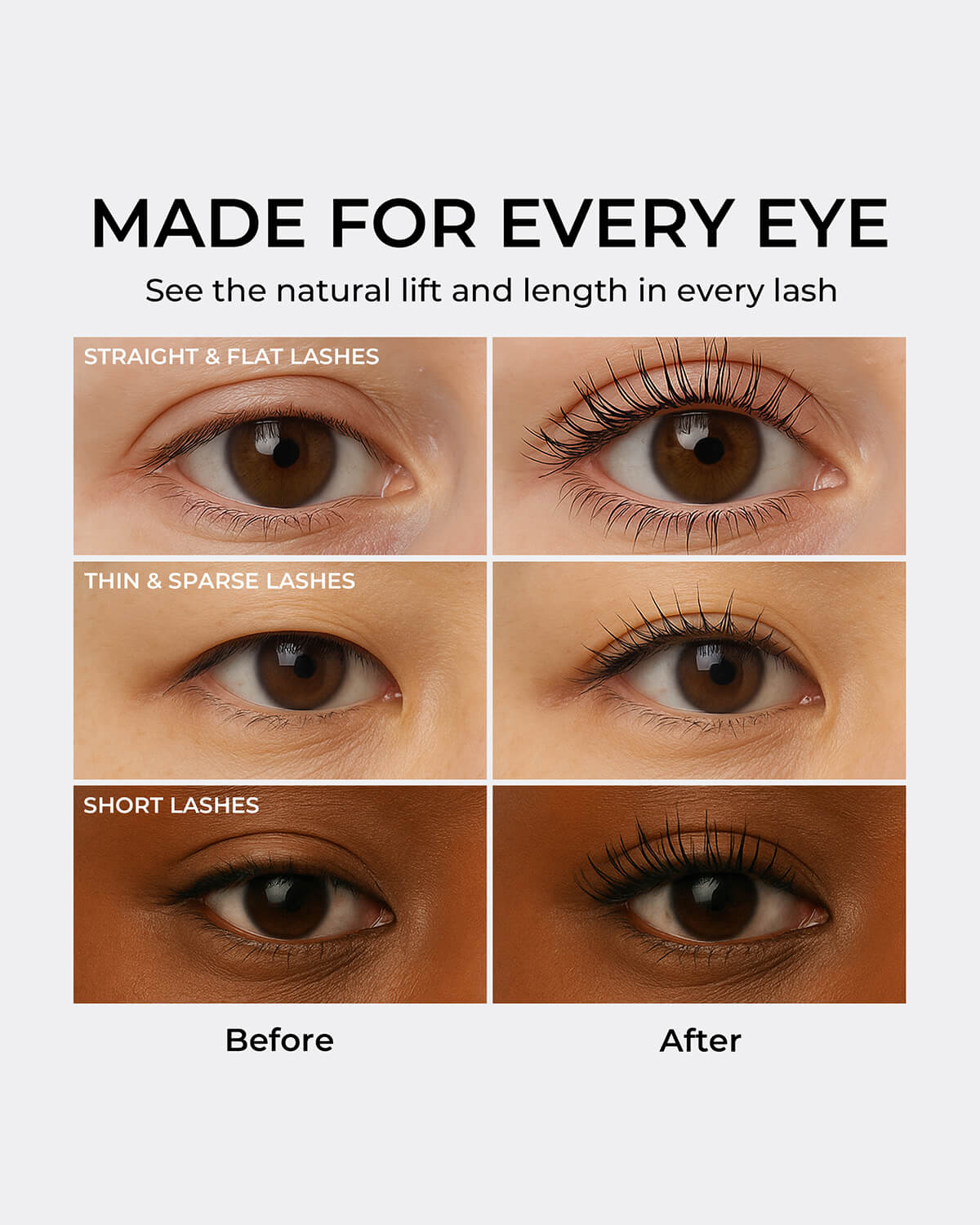 Before and after mascara application results demonstrating natural lash lift and length across different eye types.