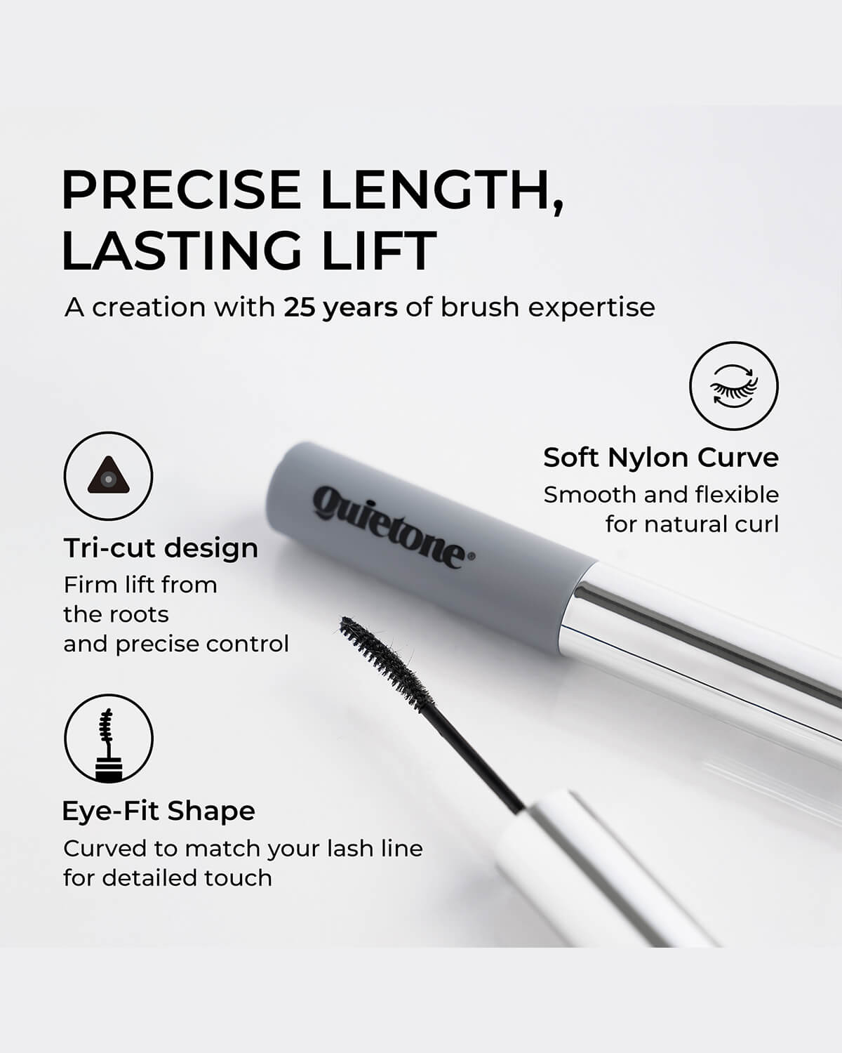Quietone Expandable Edge Mascara wand detailing tri-cut design, soft nylon curve, and eye-fit applicator brush.