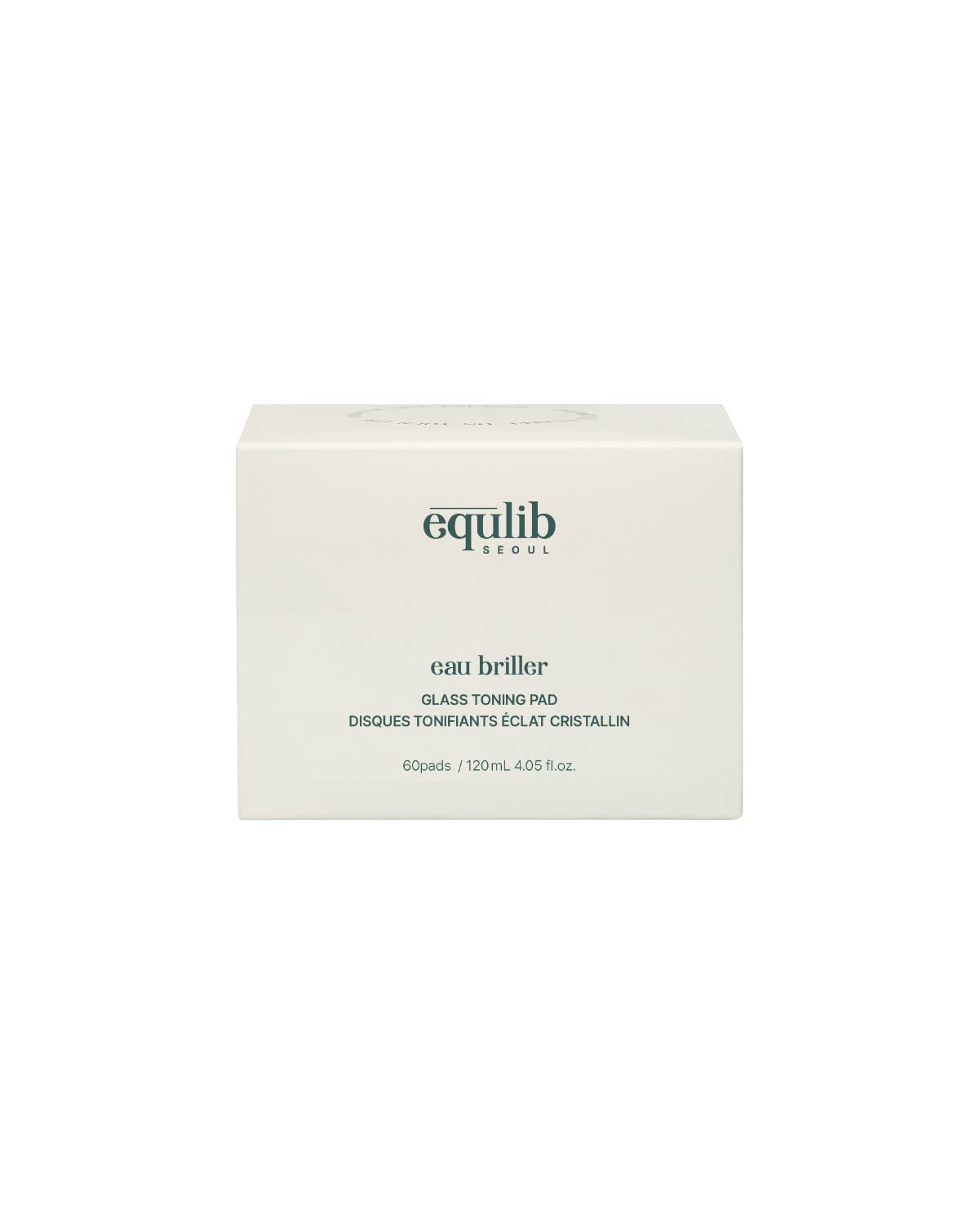 Minimalist white packaging box for Equlib Eau Briller Glass Toning Pad 60 pads centered on plain background.