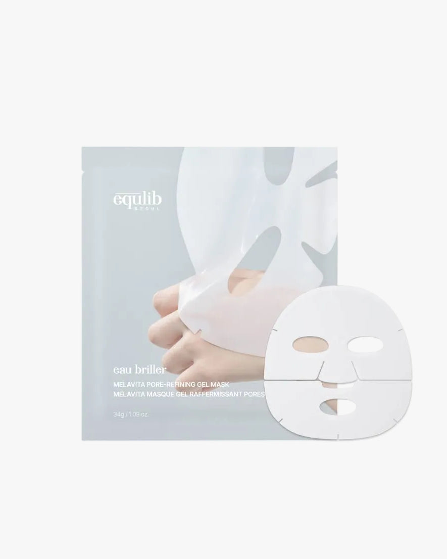 Equlib Seoul Melavita Pore-Refining Gel Mask packaging and two-piece hydrogel sheet mask for glowing skin.