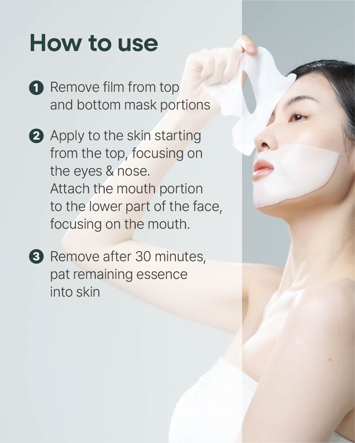 How-to-use guide for Equlib hydrogel mask: remove film, apply top and bottom portions, and remove after 30 minutes