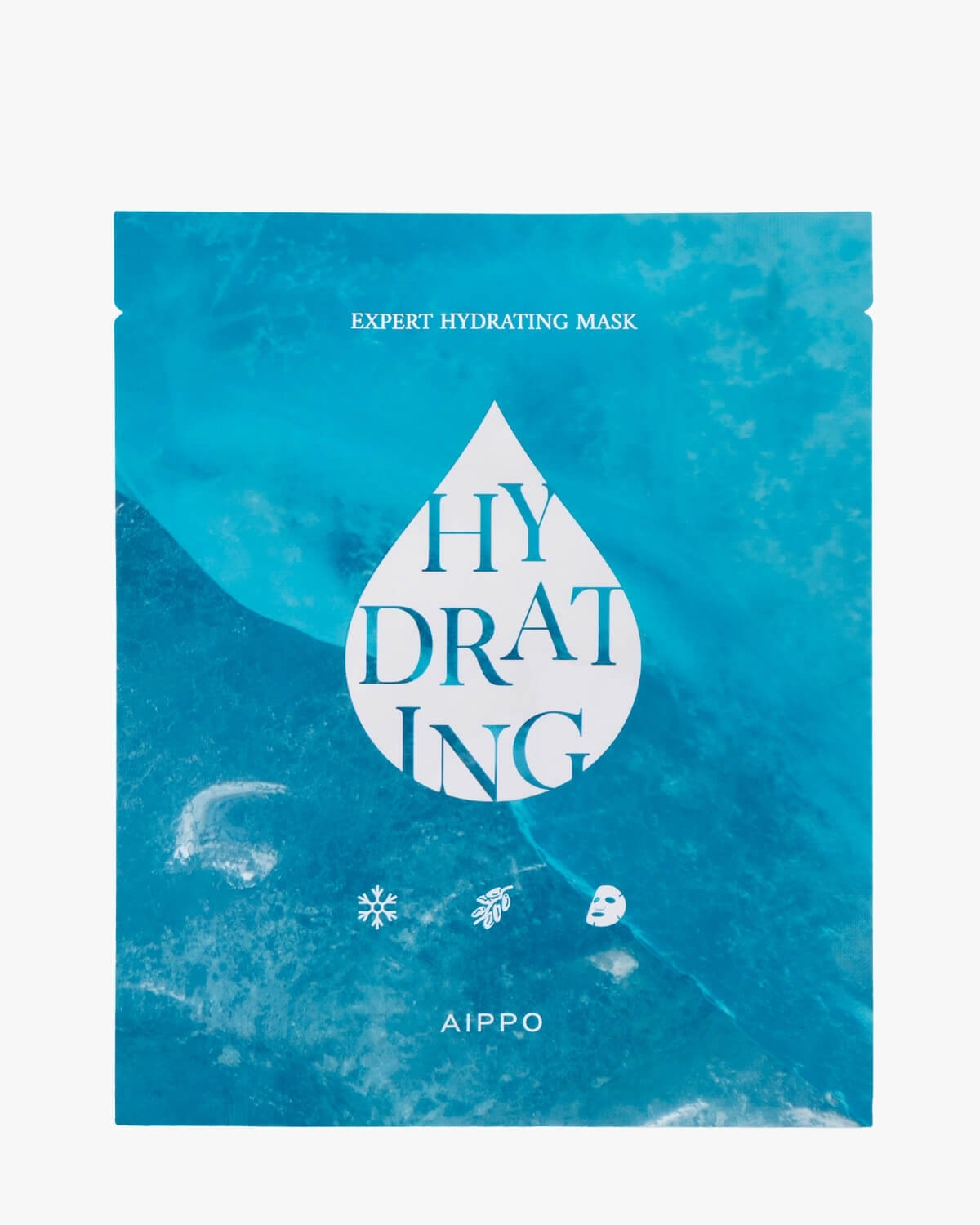 AIPPO Expert Hydrating Mask packaging. Deep hydration sheet mask for dry skin, featuring a large water droplet design.