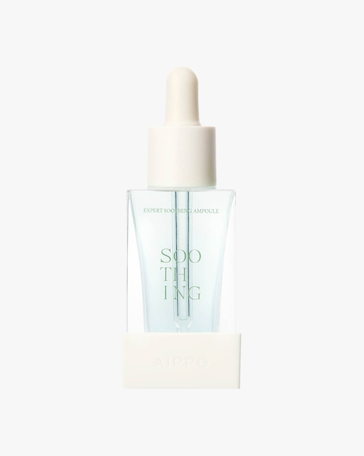 A full shot of the square glass bottle of AIPPO Expert Soothing Ampoule. The ampoule is filled with a clear, light blue-tinted liquid and has a white dropper top. The text "SOOTHING" is centered on the front, and the bottle sits on a white base with the "AIPPO" brand name.