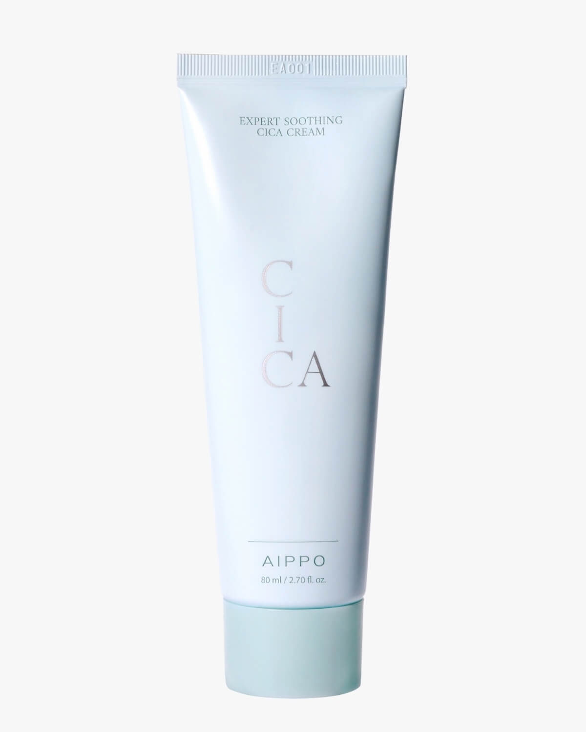 A full, front-facing studio shot of the Aippo Expert Soothing Cica Cream in a soft blue-green tube with a cap in a slightly darker mint color, set against a light background. The word "CICA" is prominently featured.