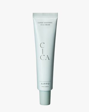 A full, front-facing studio shot of the Aippo Expert Soothing Cica Cream (40ml) tube in a soft, light blue-green color against a neutral background. The packaging features the prominent vertical text "CICA".