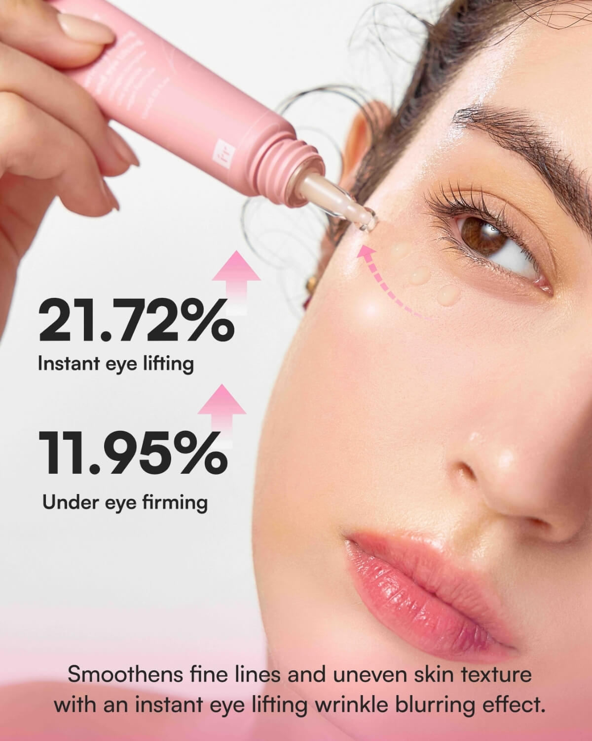 Model applying Face Republic Blooming Collagen Eye Booster showing 21.72% instant eye lifting effect.