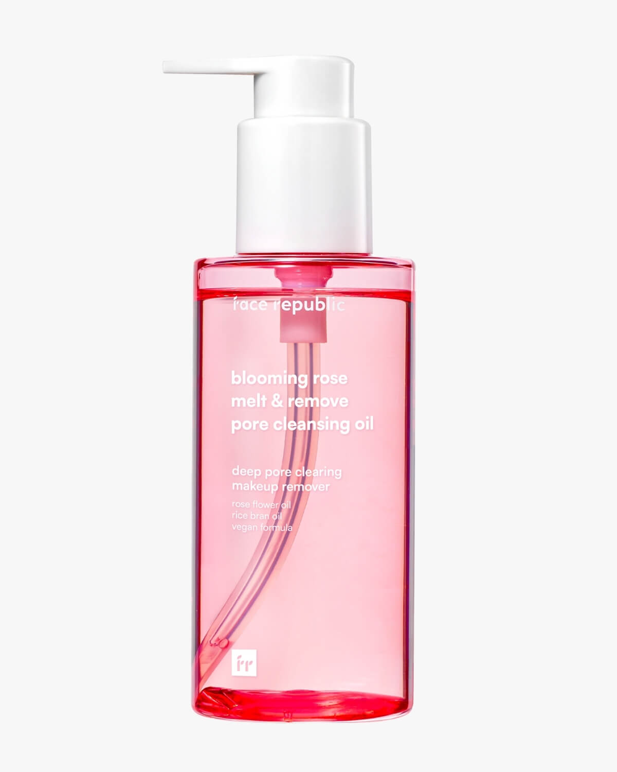 Studio shot of Face Republic Blooming Rose Melt & Remove Pore Cleansing Oil in a pink transparent bottle.