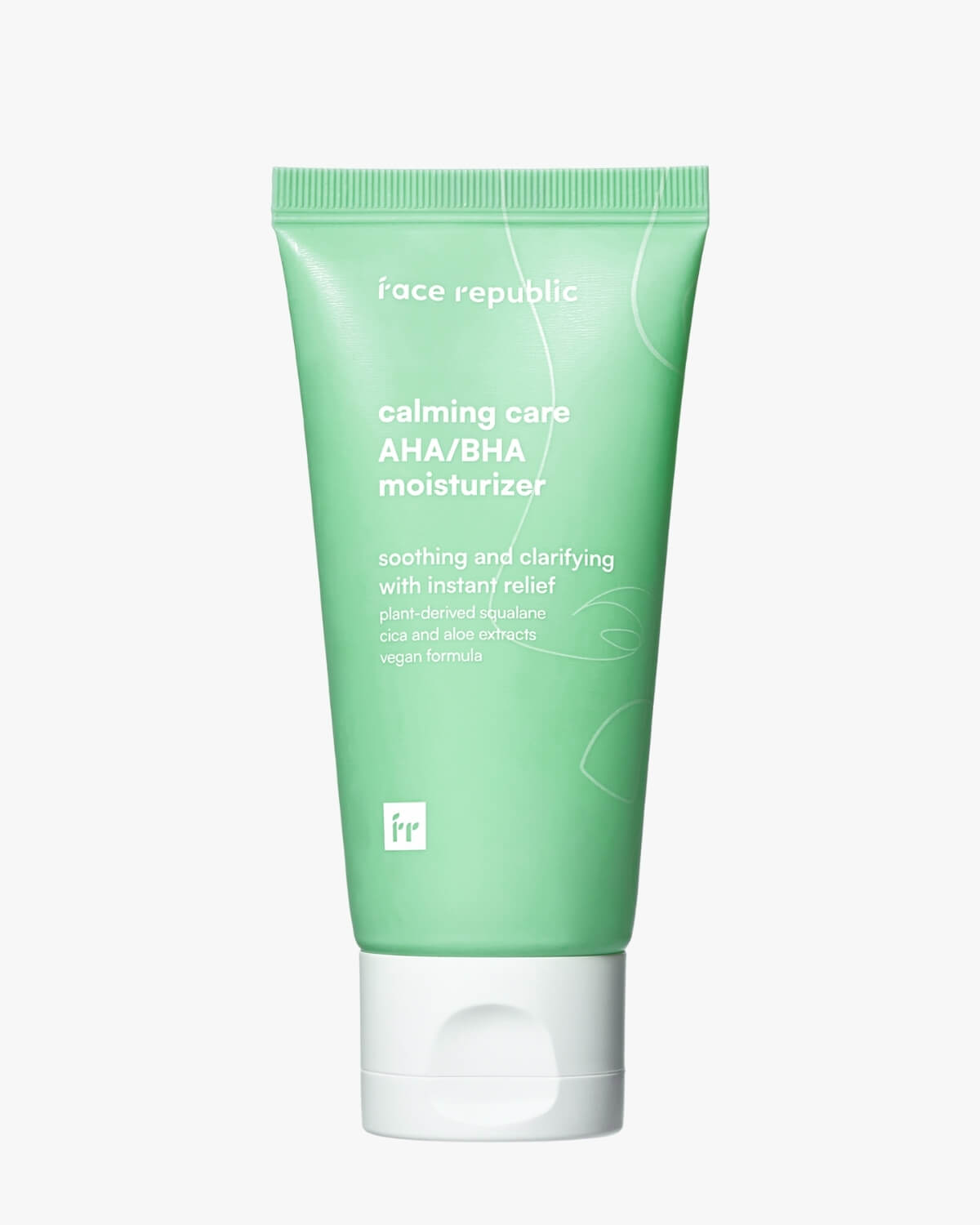 Front view of Face Republic Calming Care AHA BHA Moisturizer tube on white background.