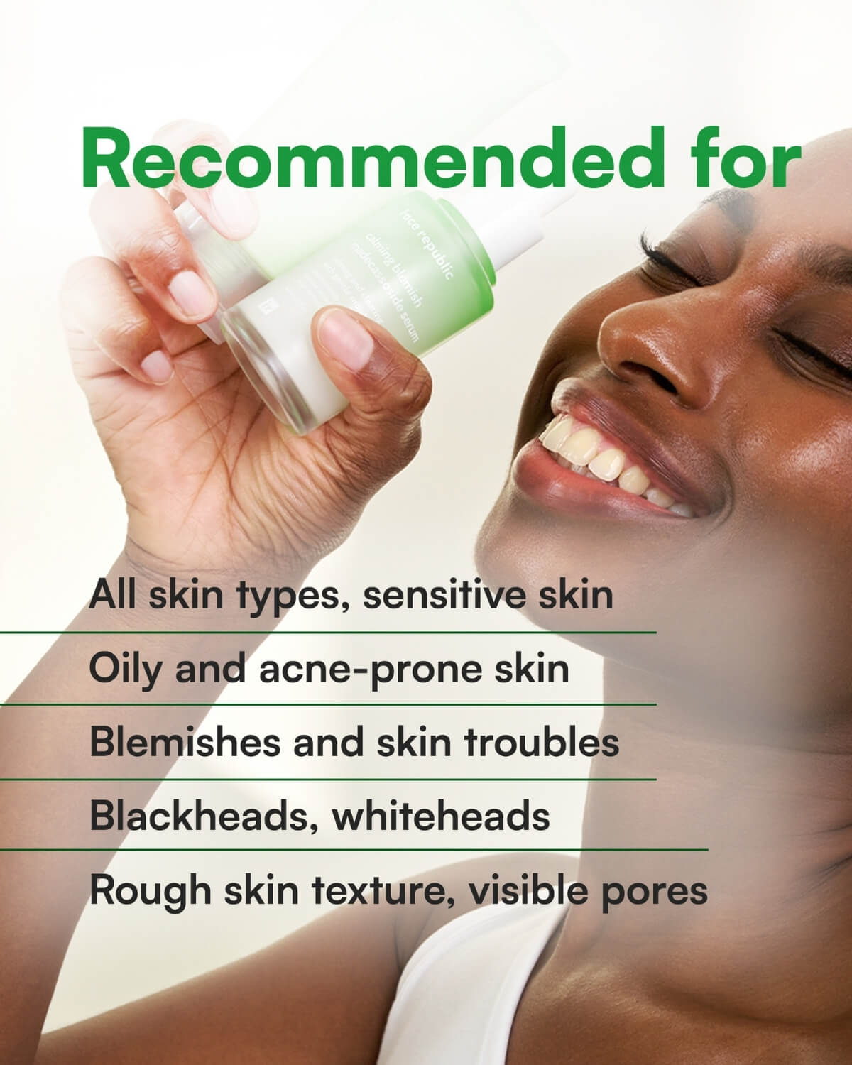 Face Republic serum recommended for sensitive, oily, acne-prone skin and visible pores.