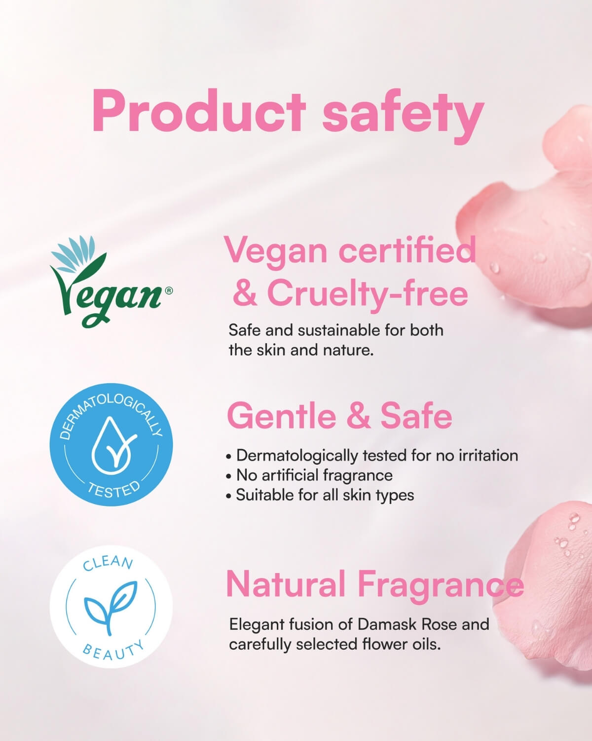 Skincare product safety certifications for Face Republic: Vegan, Cruelty-free, and Gentle & Safe.
