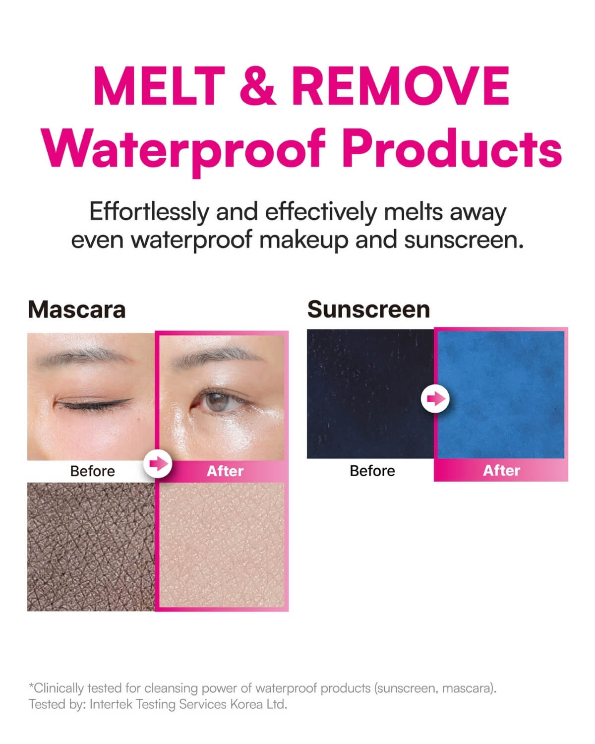 Demonstration of Blooming Rose Cleansing Oil effectively removing waterproof mascara and sunscreen.