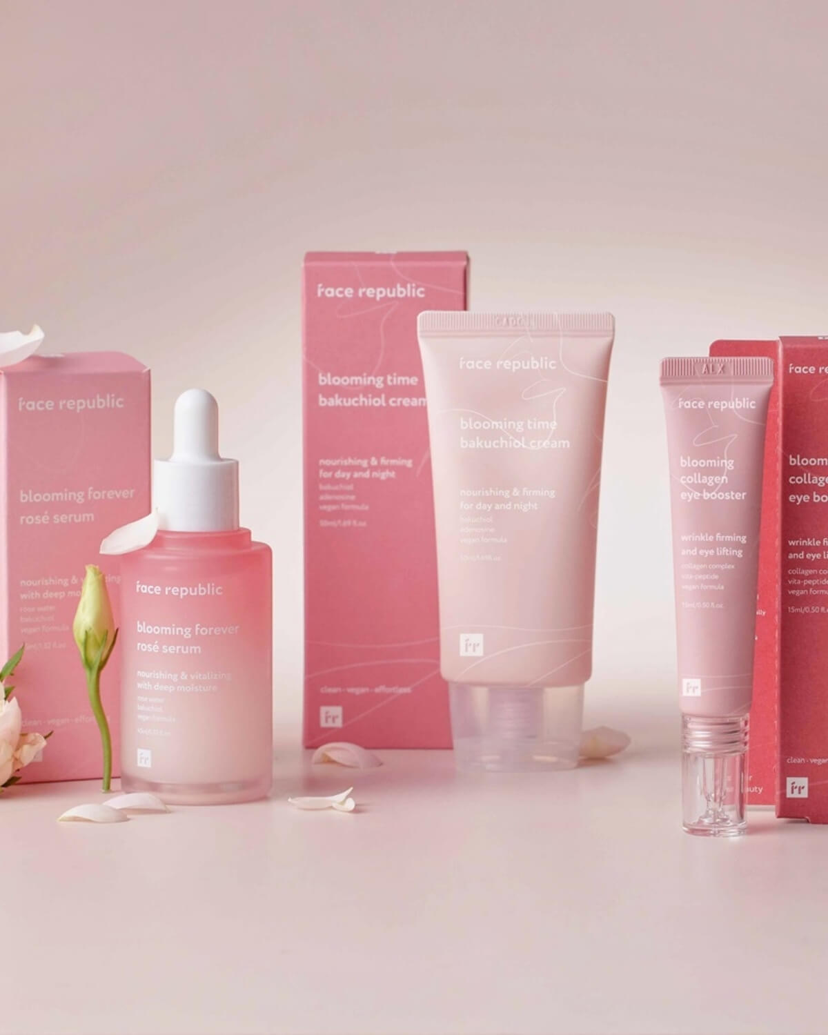 Face Republic Blooming series including Bakuchiol Cream, Rose Serum, and Eye Booster.