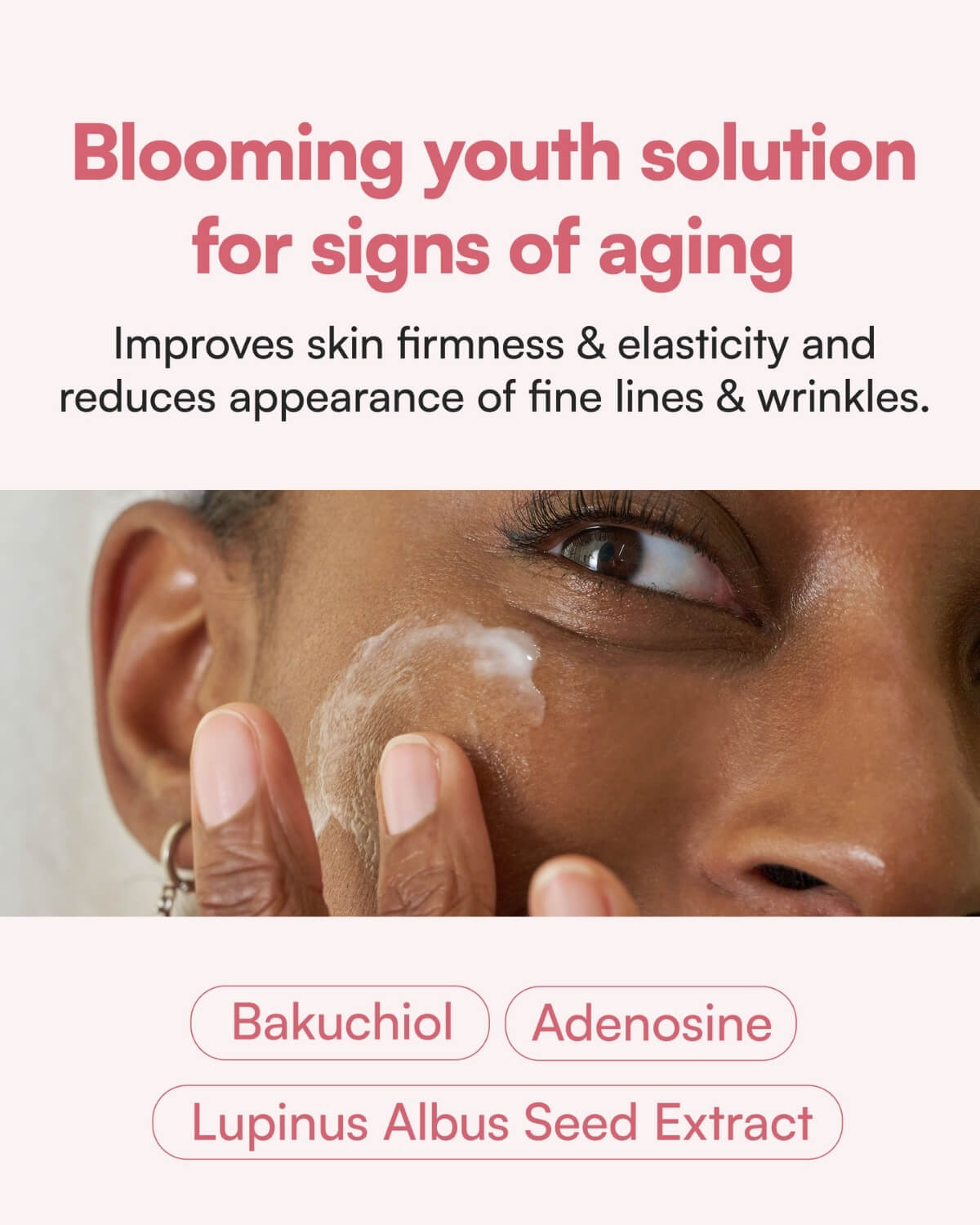 Anti-aging face cream benefits for wrinkles featuring Bakuchiol, Adenosine, and Lupinus Albus Seed.