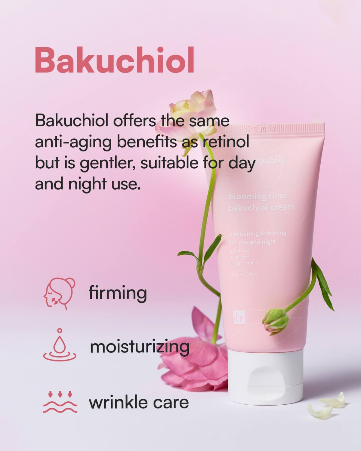 Bakuchiol cream for firming and moisturizing; a gentle retinol alternative for day and night.